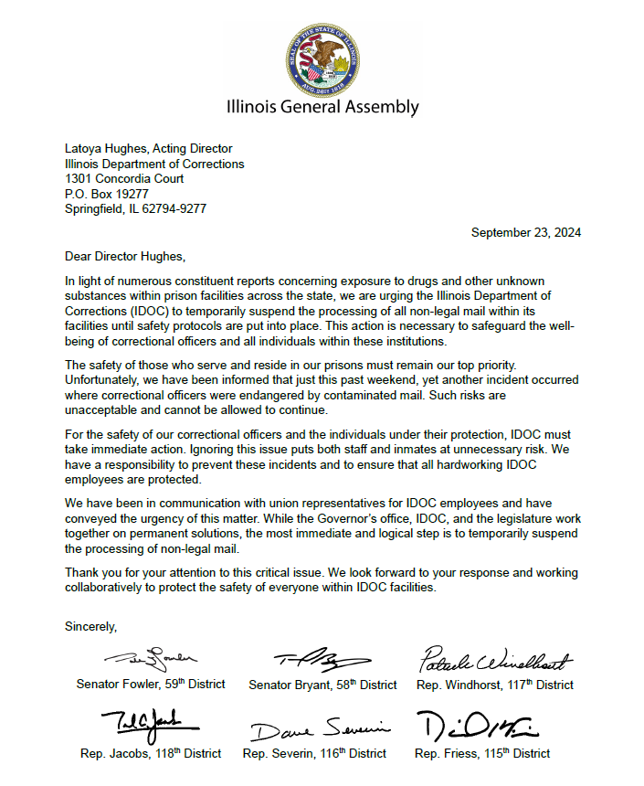 Southern Illinois Republican Lawmakers Call for Changes to Inmate Mail Protocol Following Recent Exposure Incidents